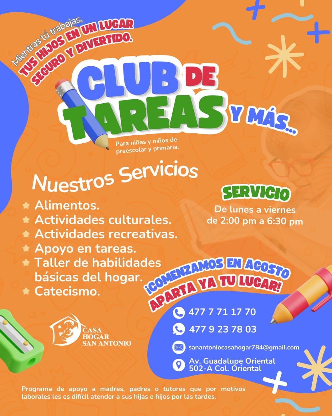 📚🎨 ¡Inscríbelo al Club de Tareas de Casa Hogar San Antonio